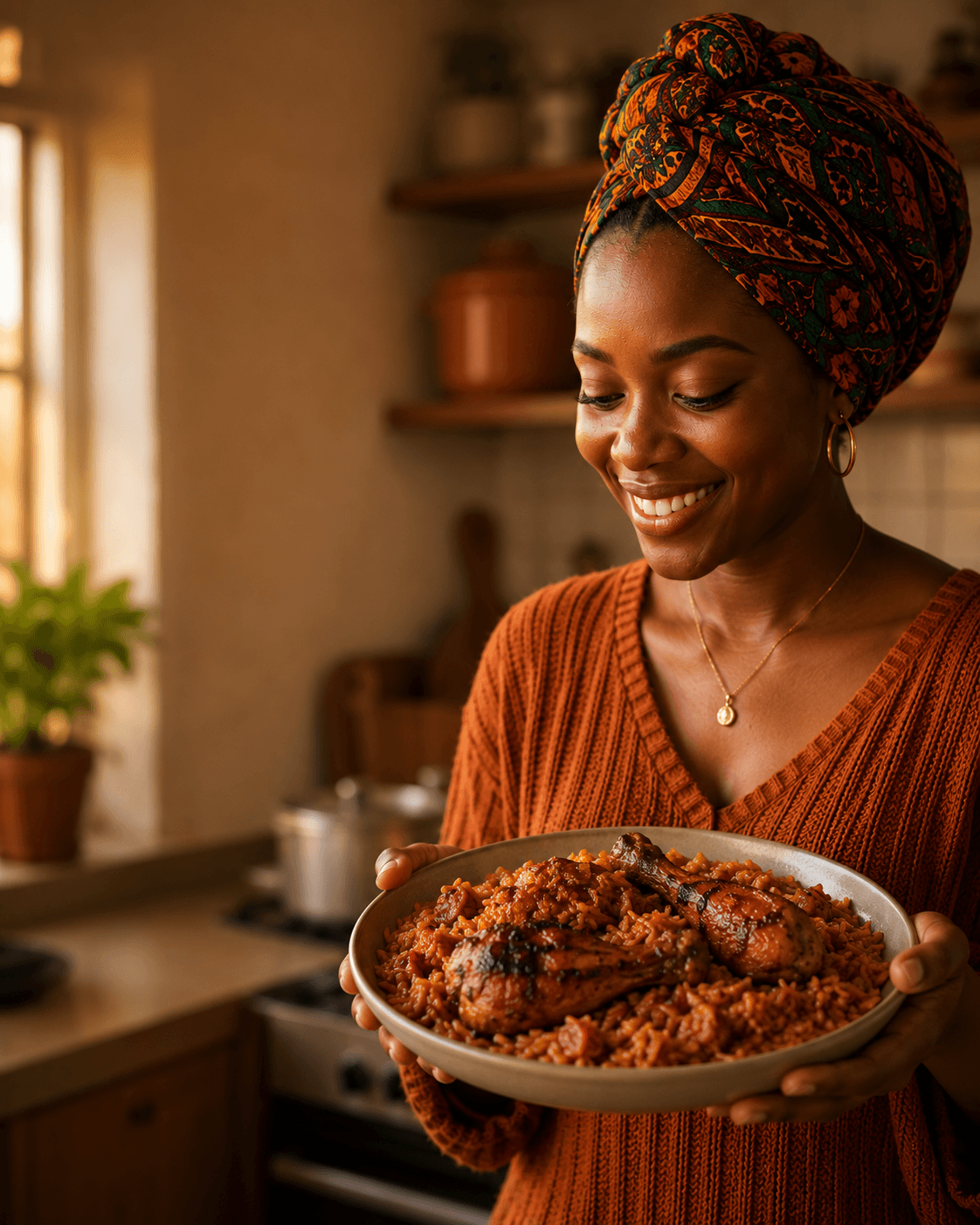 A pan of jollof rice fresh from a home kitchen
